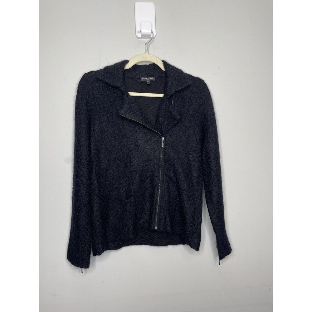 Eileen Fisher Jacket Womens Petite Small Black Mohair Blend Full Zip Collared